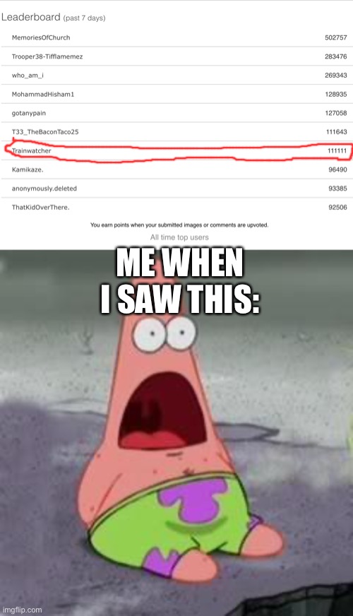 111,111 points for Trainwatcher this week??? | ME WHEN I SAW THIS: | image tagged in suprised patrick,memes | made w/ Imgflip meme maker