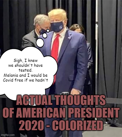 They almost ran out of orange dye. | Sigh, I knew
we shouldn't have
tested.
Melania and I would be
Covid free if we hadn't; ACTUAL THOUGHTS OF AMERICAN PRESIDENT 2020 - COLORIZED | image tagged in memes,trump covid,testing,mistake,live by the sword | made w/ Imgflip meme maker
