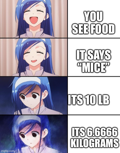 MICE | YOU SEE FOOD; IT SAYS “MICE”; ITS 10 LB; ITS 6.6666 KILOGRAMS | image tagged in happiness to despair | made w/ Imgflip meme maker
