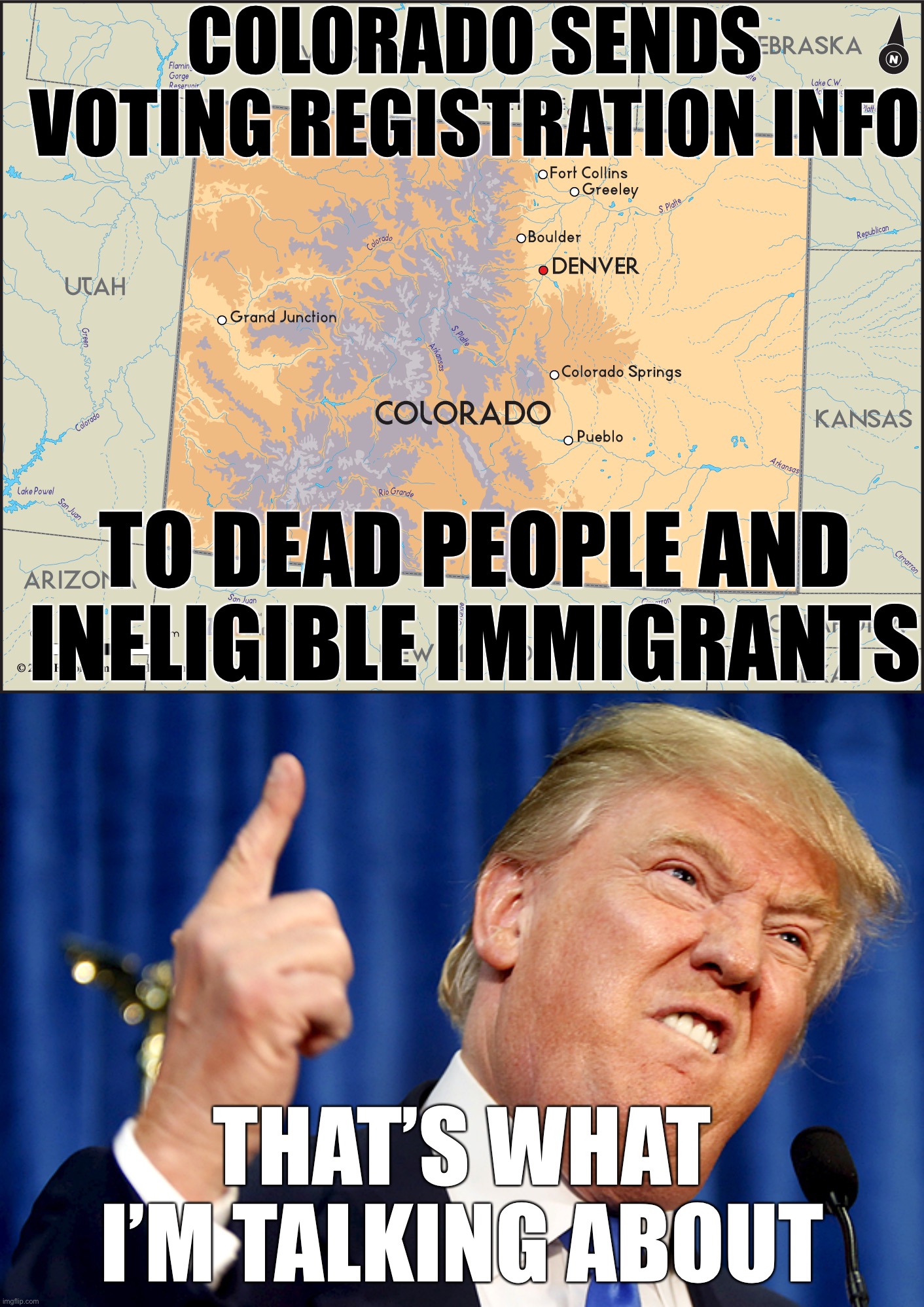 Vote fraud | COLORADO SENDS VOTING REGISTRATION INFO; TO DEAD PEOPLE AND INELIGIBLE IMMIGRANTS; THAT’S WHAT I’M TALKING ABOUT | image tagged in donald trump,colorado,dead,ineligible | made w/ Imgflip meme maker