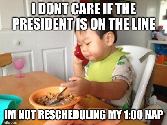 Im not rescheduling my nap | I DONT CARE IF THE PRESIDENT IS ON THE LINE; IM NOT RESCHEDULING MY 1:00 NAP | image tagged in memes,no bullshit business baby | made w/ Imgflip meme maker