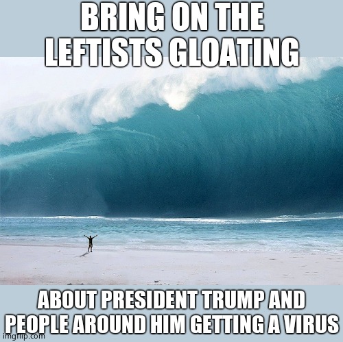 Here we go. Good luck, President Trump, Melania and Hope! | BRING ON THE LEFTISTS GLOATING; ABOUT PRESIDENT TRUMP AND PEOPLE AROUND HIM GETTING A VIRUS | image tagged in tsunami incoming,leftist cheers,happy as clams | made w/ Imgflip meme maker