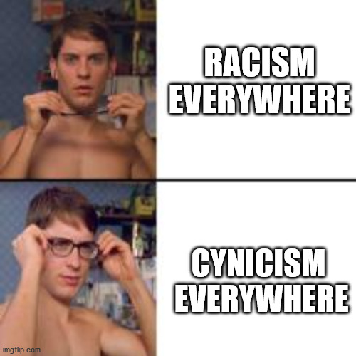 Peter Parker Glasses | RACISM EVERYWHERE; CYNICISM  EVERYWHERE | image tagged in peter parker glasses,memes,politics,political correctness | made w/ Imgflip meme maker