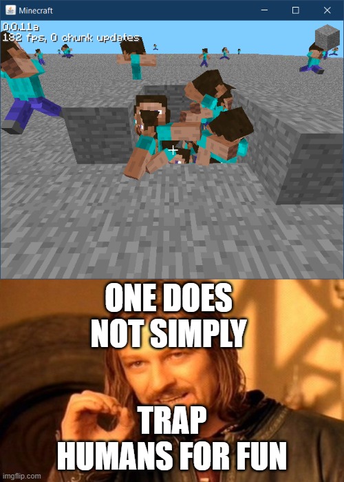 ONE DOES NOT SIMPLY; TRAP HUMANS FOR FUN | image tagged in memes,one does not simply,minecraft | made w/ Imgflip meme maker