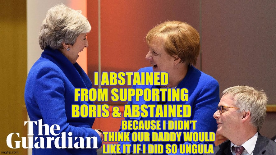  I ABSTAINED FROM SUPPORTING BORIS & ABSTAINED; BECAUSE I DIDN'T THINK OUR DADDY WOULD LIKE IT IF I DID SO UNGULA | image tagged in theresa may,angela merkel,adolph hitler,prime minister,parliament,did you know | made w/ Imgflip meme maker