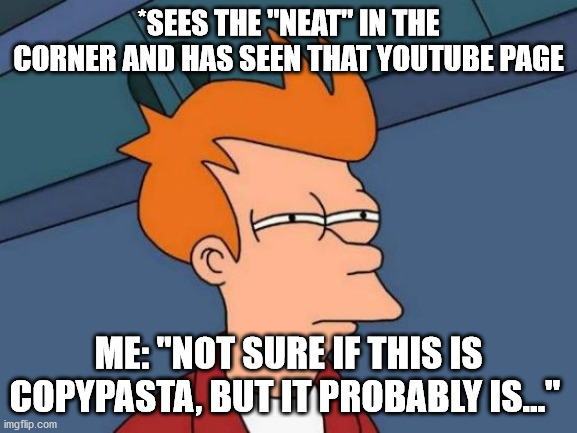 *SEES THE "NEAT" IN THE CORNER AND HAS SEEN THAT YOUTUBE PAGE ME: "NOT SURE IF THIS IS COPYPASTA, BUT IT PROBABLY IS..." | image tagged in memes,futurama fry | made w/ Imgflip meme maker