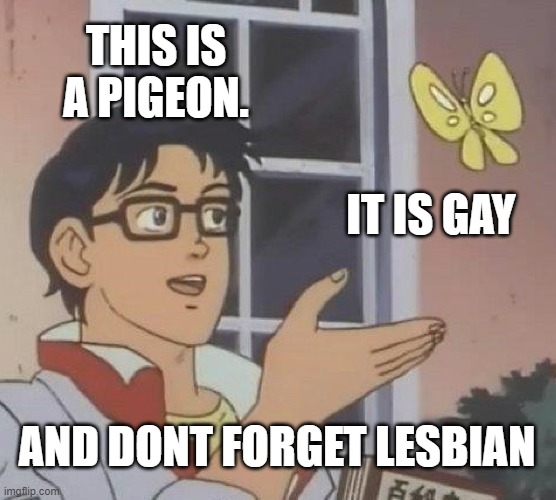 Is This A Pigeon Meme | THIS IS A PIGEON. IT IS GAY; AND DONT FORGET LESBIAN | image tagged in memes,is this a pigeon | made w/ Imgflip meme maker