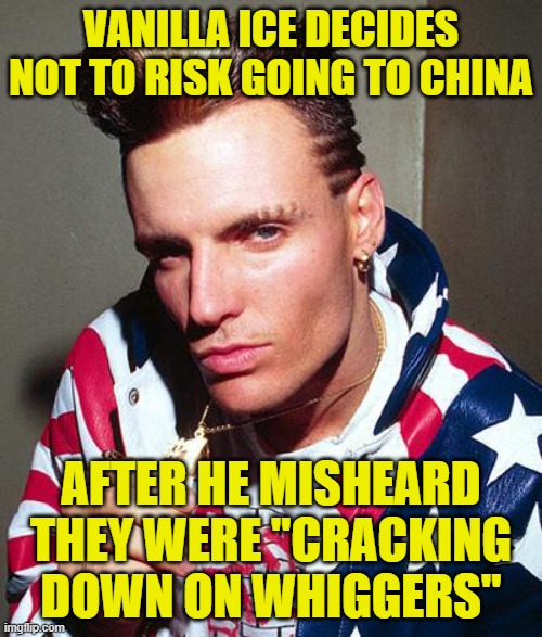 vanilla ice | VANILLA ICE DECIDES NOT TO RISK GOING TO CHINA; AFTER HE MISHEARD THEY WERE "CRACKING DOWN ON WHIGGERS" | image tagged in vanilla ice | made w/ Imgflip meme maker