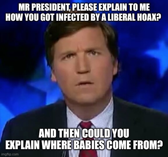 confused Tucker carlson | MR PRESIDENT, PLEASE EXPLAIN TO ME HOW YOU GOT INFECTED BY A LIBERAL HOAX? AND THEN COULD YOU EXPLAIN WHERE BABIES COME FROM? | image tagged in confused tucker carlson | made w/ Imgflip meme maker