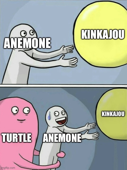 Anemone, Turtle and Kinkajou | KINKAJOU; ANEMONE; KINKAJOU; TURTLE; ANEMONE | image tagged in memes,running away balloon | made w/ Imgflip meme maker