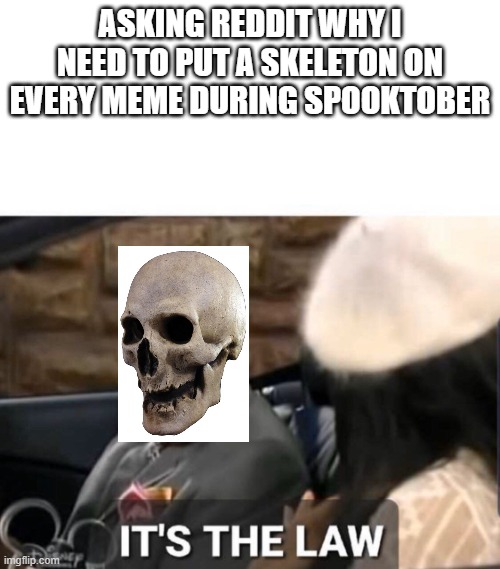 It's the Spooktober Law | ASKING REDDIT WHY I NEED TO PUT A SKELETON ON EVERY MEME DURING SPOOKTOBER | image tagged in it's the law | made w/ Imgflip meme maker