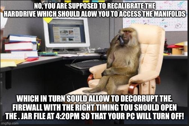 IT Department | NO, YOU ARE SUPPOSED TO RECALIBRATE THE HARDDRIVE WHICH SHOULD ALOW YOU TO ACCESS THE MANIFOLDS WHICH IN TURN SOULD ALLOW TO DECORRUPT THE.  | image tagged in it department | made w/ Imgflip meme maker
