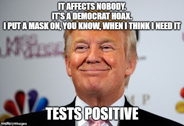 Bloviating Ignoramus | IT AFFECTS NOBODY.
IT'S A DEMOCRAT HOAX.
I PUT A MASK ON, YOU KNOW, WHEN I THINK I NEED IT; TESTS POSITIVE | image tagged in donald trump approves,covid19,coronavirus,donald trump,2020 elections | made w/ Imgflip meme maker