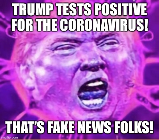 The Trump Virus! | TRUMP TESTS POSITIVE FOR THE CORONAVIRUS! THAT’S FAKE NEWS FOLKS! | image tagged in donald trump,covid-19,trumpvirus,irony,con man,lol so funny | made w/ Imgflip meme maker