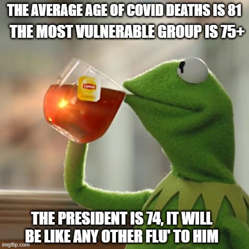 But That's None Of My Business Meme | THE AVERAGE AGE OF COVID DEATHS IS 81 THE MOST VULNERABLE GROUP IS 75+ THE PRESIDENT IS 74, IT WILL BE LIKE ANY OTHER FLU' TO HIM | image tagged in memes,but that's none of my business,kermit the frog | made w/ Imgflip meme maker