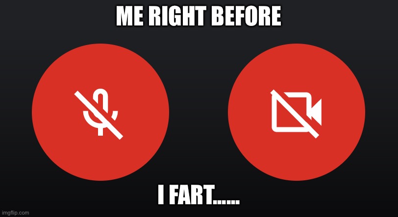 Every kid that uses google meets can relate | ME RIGHT BEFORE; I FART...... | image tagged in mute mic turn off video | made w/ Imgflip meme maker