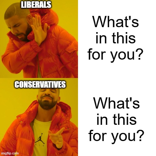 Drake Hotline Bling Meme | What's in this for you? What's in this for you? LIBERALS CONSERVATIVES | image tagged in memes,drake hotline bling | made w/ Imgflip meme maker