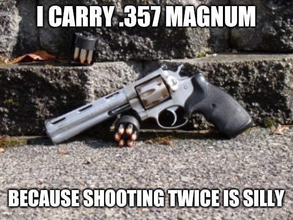 I CARRY .357 MAGNUM; BECAUSE SHOOTING TWICE IS SILLY | image tagged in gun control | made w/ Imgflip meme maker