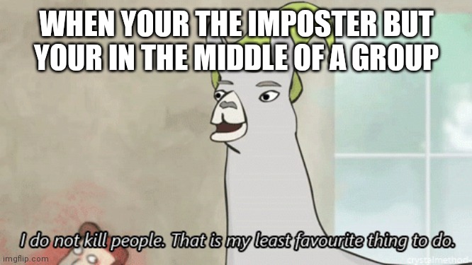 I do not kill people Llama | WHEN YOUR THE IMPOSTER BUT YOUR IN THE MIDDLE OF A GROUP | image tagged in i do not kill people llama | made w/ Imgflip meme maker