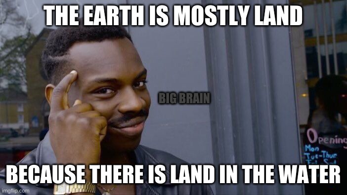 roll safe think about it | THE EARTH IS MOSTLY LAND; BIG BRAIN; BECAUSE THERE IS LAND IN THE WATER | image tagged in memes,roll safe think about it | made w/ Imgflip meme maker