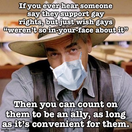 “Fair weather allies” the LGBTQ community’s equivalent of frenemies. If your support for their rights is conditional, it’s weak. | image tagged in lgbtq,gay rights,lgbt,human rights,equal rights,sarcasm cowboy | made w/ Imgflip meme maker