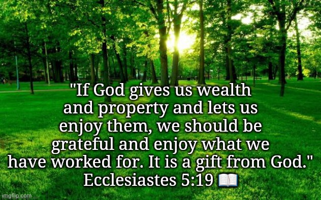 Landscape | "If God gives us wealth and property and lets us enjoy them, we should be grateful and enjoy what we have worked for. It is a gift from God."
Ecclesiastes 5:19 📖 | image tagged in bifghn | made w/ Imgflip meme maker