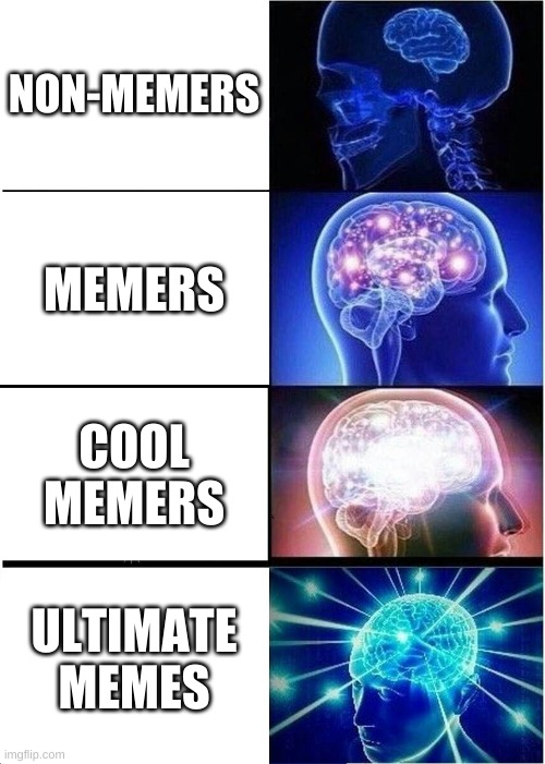 Expanding Brain | NON-MEMERS; MEMERS; COOL MEMERS; ULTIMATE MEMES | image tagged in memes,expanding brain | made w/ Imgflip meme maker