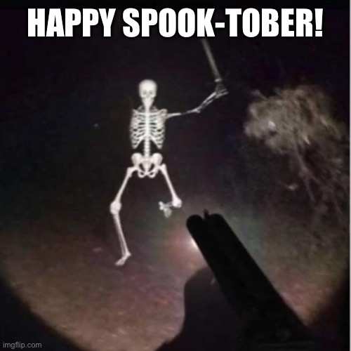Happy Spooktober! | HAPPY SPOOK-TOBER! | image tagged in spooktober,skeleton | made w/ Imgflip meme maker