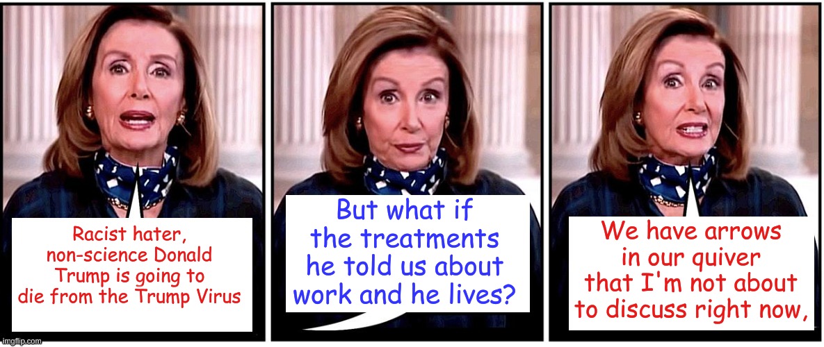 And I hear Andrew Cuomo has offered free healthcare at any of his finest NY Nursing Homes. | But what if the treatments he told us about work and he lives? We have arrows in our quiver that I'm not about to discuss right now, Racist hater, non-science Donald Trump is going to die from the Trump Virus | image tagged in blank pelosi | made w/ Imgflip meme maker