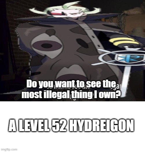 Ghetsis' most illegal thing he owns | Do you want to see the most illegal thing I own? A LEVEL 52 HYDREIGON | image tagged in do you want to see the most illegal thing i own,pokemon | made w/ Imgflip meme maker