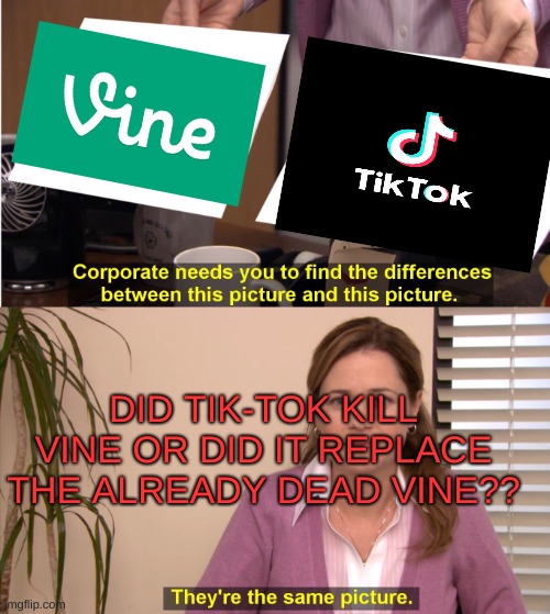 Just tryna Bring some peace and thought to the situation | DID TIK-TOK KILL VINE OR DID IT REPLACE THE ALREADY DEAD VINE?? | image tagged in memes,they're the same picture,tik tok,vine | made w/ Imgflip meme maker