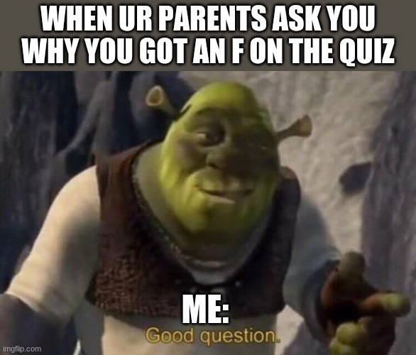 Shrek good question |  WHEN UR PARENTS ASK YOU WHY YOU GOT AN F ON THE QUIZ; ME: | image tagged in shrek good question,lol so funny,so so dank,funny,lol,dank memes | made w/ Imgflip meme maker