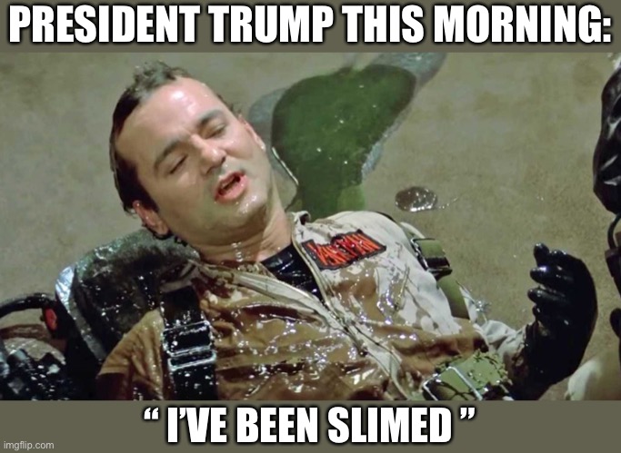 Can’t wait for all of the conspiracy theories | PRESIDENT TRUMP THIS MORNING:; “ I’VE BEEN SLIMED ” | image tagged in ghostbusters slime,donald trump,coronavirus,covid-19,conspiracy,politics | made w/ Imgflip meme maker