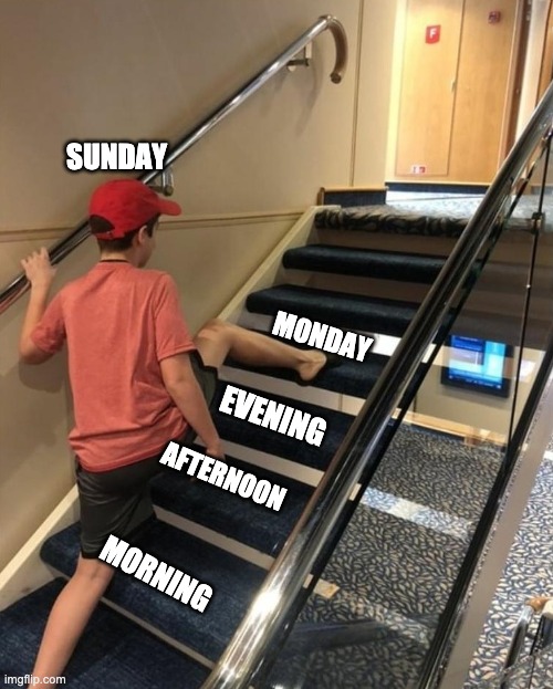 Sunday | SUNDAY; MONDAY; EVENING; AFTERNOON; MORNING | image tagged in skipping stairs | made w/ Imgflip meme maker