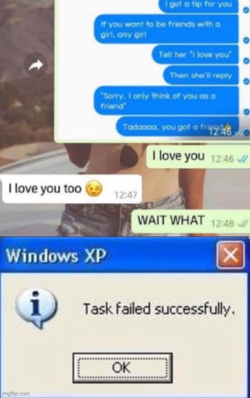 Well, you got a girlfriend now! | image tagged in task failed successfully | made w/ Imgflip meme maker
