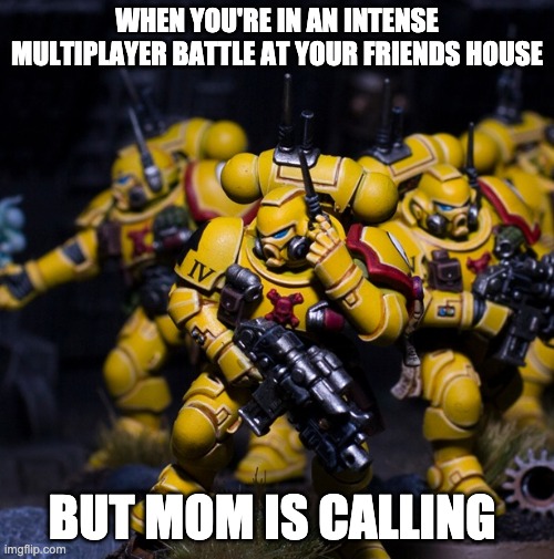 Phone Marine | WHEN YOU'RE IN AN INTENSE MULTIPLAYER BATTLE AT YOUR FRIENDS HOUSE; BUT MOM IS CALLING | image tagged in phone marine | made w/ Imgflip meme maker