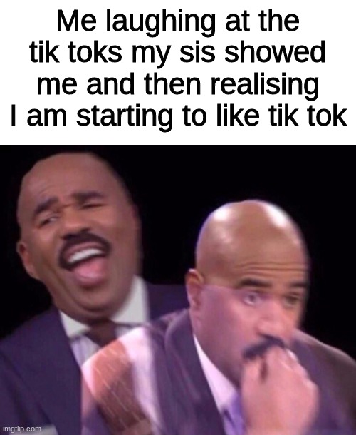 Plz no hate TwT | Me laughing at the tik toks my sis showed me and then realising I am starting to like tik tok | image tagged in steve harvey laughing serious | made w/ Imgflip meme maker