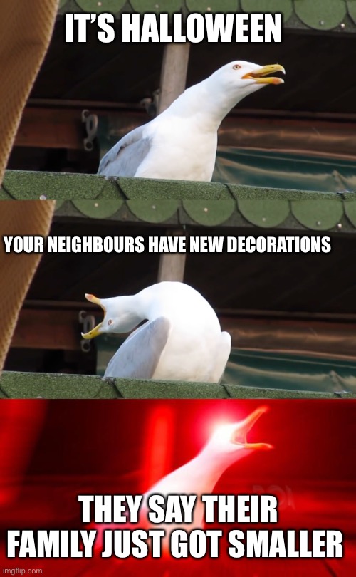 Inhaling seagull | IT’S HALLOWEEN; YOUR NEIGHBOURS HAVE NEW DECORATIONS; THEY SAY THEIR FAMILY JUST GOT SMALLER | image tagged in inhaling seagull | made w/ Imgflip meme maker