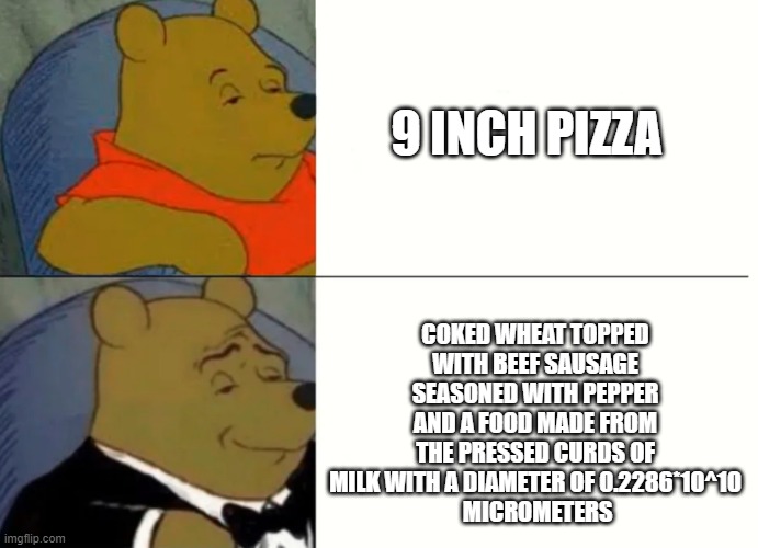 Fancy Winnie The Pooh Meme | COKED WHEAT TOPPED WITH BEEF SAUSAGE SEASONED WITH PEPPER AND A FOOD MADE FROM THE PRESSED CURDS OF MILK WITH A DIAMETER OF 0.2286*10^10
 MICROMETERS; 9 INCH PIZZA | image tagged in fancy winnie the pooh meme | made w/ Imgflip meme maker