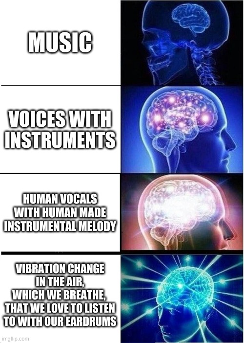 Expanding Brain Meme | MUSIC; VOICES WITH INSTRUMENTS; HUMAN VOCALS WITH HUMAN MADE INSTRUMENTAL MELODY; VIBRATION CHANGE IN THE AIR, WHICH WE BREATHE,  THAT WE LOVE TO LISTEN TO WITH OUR EARDRUMS | image tagged in memes,expanding brain | made w/ Imgflip meme maker