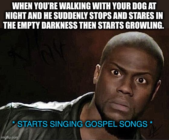 Demon? Ghost? Vicious animal? Mailman? Squeaky toy? | WHEN YOU’RE WALKING WITH YOUR DOG AT
NIGHT AND HE SUDDENLY STOPS AND STARES IN
THE EMPTY DARKNESS THEN STARTS GROWLING. * STARTS SINGING GOSPEL SONGS * | image tagged in memes,kevin hart,dog,barking,growling,pray | made w/ Imgflip meme maker