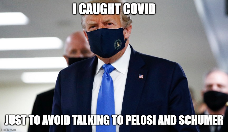 Trump Masked | I CAUGHT COVID; JUST TO AVOID TALKING TO PELOSI AND SCHUMER | image tagged in trump masked | made w/ Imgflip meme maker