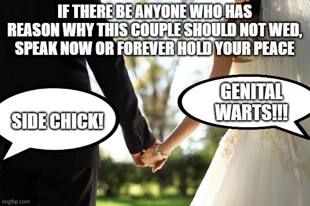 Speak Now... | IF THERE BE ANYONE WHO HAS REASON WHY THIS COUPLE SHOULD NOT WED, SPEAK NOW OR FOREVER HOLD YOUR PEACE; GENITAL WARTS!!! SIDE CHICK! | image tagged in wedding | made w/ Imgflip meme maker