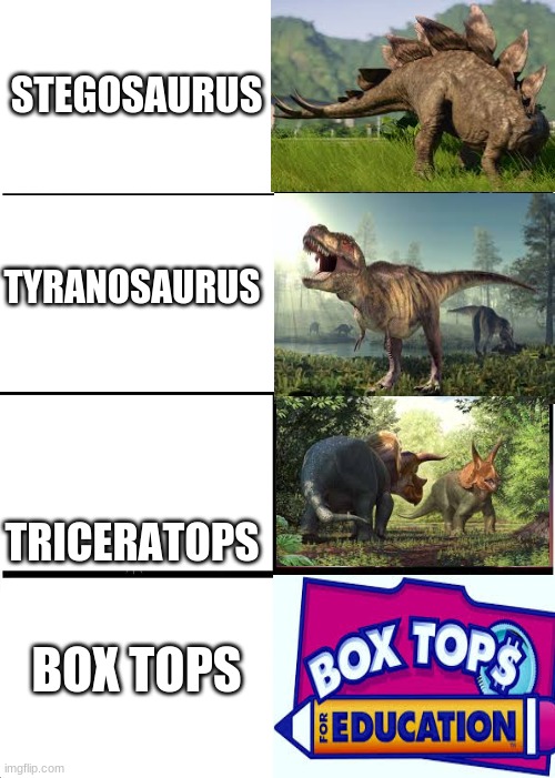 Expanding Brain | STEGOSAURUS; TYRANOSAURUS; TRICERATOPS; BOX TOPS | image tagged in memes | made w/ Imgflip meme maker