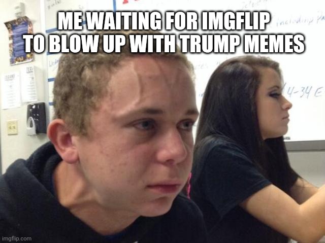 Trump Has Coronavirus | ME WAITING FOR IMGFLIP TO BLOW UP WITH TRUMP MEMES | image tagged in man with vein on forehead,trump,2020,coronavirus,covid-19,karen | made w/ Imgflip meme maker