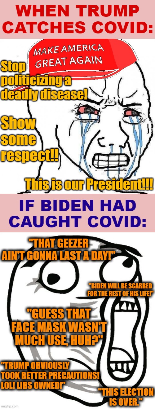 Anyone think the MAGAts would have restrained themselves if the shoe were on the other foot? | WHEN TRUMP CATCHES COVID:; Stop politicizing a deadly disease! Show some respect!! This is our President!!! IF BIDEN HAD CAUGHT COVID:; "THAT GEEZER AIN'T GONNA LAST A DAY!"; "BIDEN WILL BE SCARRED FOR THE REST OF HIS LIFE!"; "GUESS THAT FACE MASK WASN'T MUCH USE, HUH?"; "TRUMP OBVIOUSLY TOOK BETTER PRECAUTIONS! LOL! LIBS OWNED!"; "THIS ELECTION IS OVER." | image tagged in lol guy,crying wojak maga,trump supporters,conservative hypocrisy,covid-19,election 2020 | made w/ Imgflip meme maker