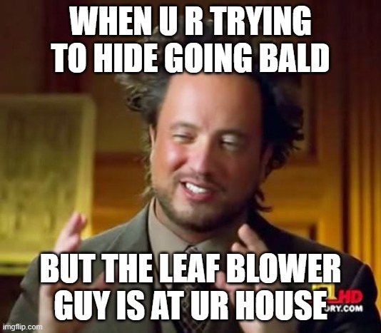 Ancient Aliens Meme | WHEN U R TRYING TO HIDE GOING BALD; BUT THE LEAF BLOWER GUY IS AT UR HOUSE | image tagged in memes,ancient aliens | made w/ Imgflip meme maker