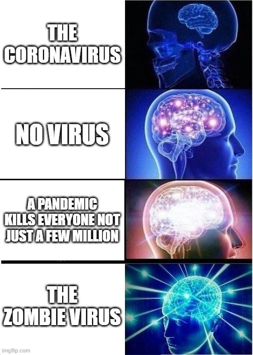 Virus | THE CORONAVIRUS; NO VIRUS; A PANDEMIC KILLS EVERYONE NOT JUST A FEW MILLION; THE ZOMBIE VIRUS | image tagged in memes,expanding brain | made w/ Imgflip meme maker