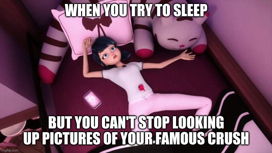 Miraculous Ladybug Marinette In bed | WHEN YOU TRY TO SLEEP; BUT YOU CAN'T STOP LOOKING UP PICTURES OF YOUR FAMOUS CRUSH | image tagged in miraculous ladybug marinette in bed | made w/ Imgflip meme maker