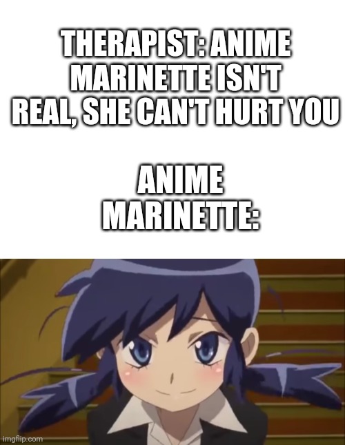 I just found out Miraculous was originally supposed to be an anime | THERAPIST: ANIME MARINETTE ISN'T REAL, SHE CAN'T HURT YOU; ANIME MARINETTE: | image tagged in blank white template,miraculous ladybug,memes,anime | made w/ Imgflip meme maker